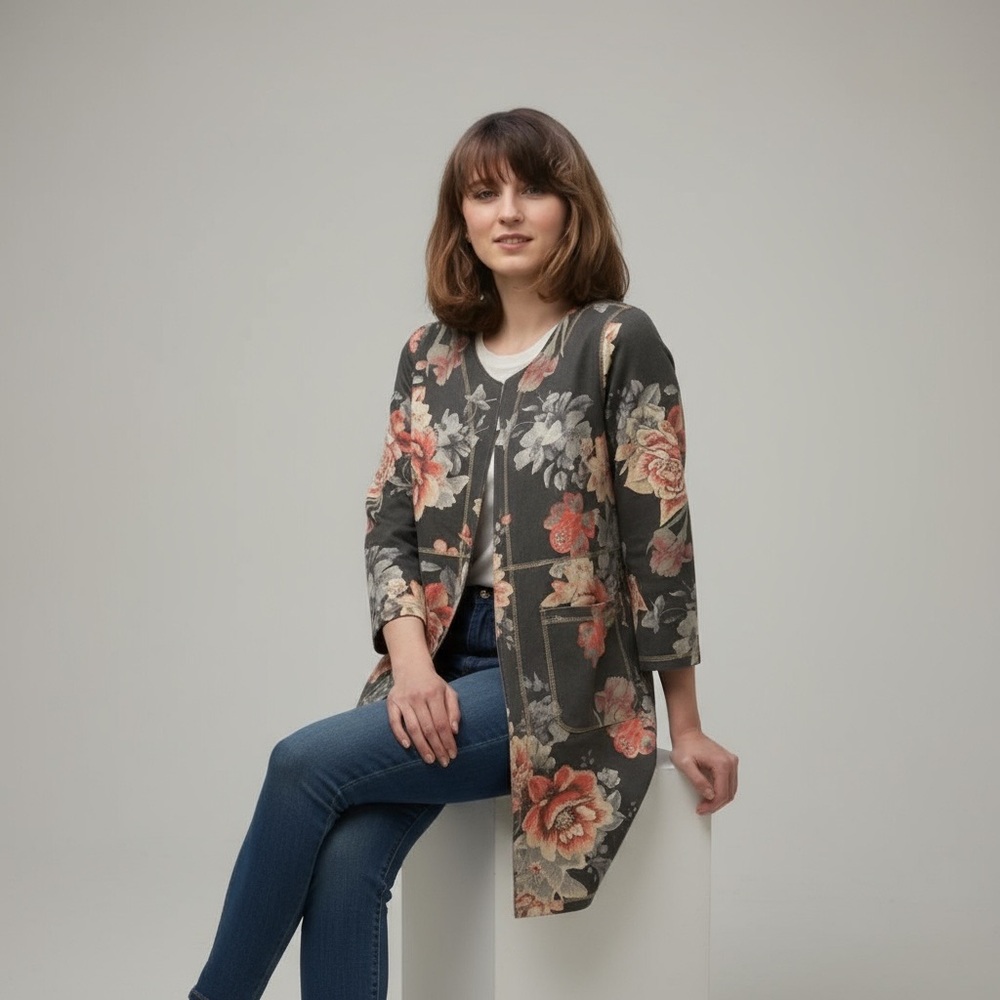 Solitaire Brown Fall Floral Open Front Long Line Cardigan Size S